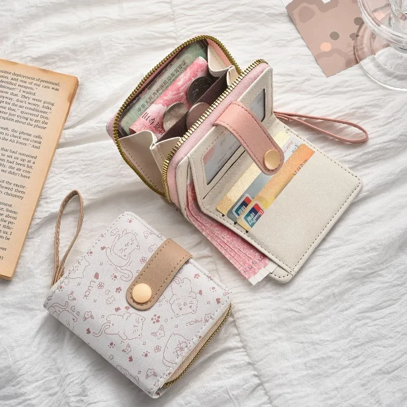 Zipper Wallet Cute Cat Women Girls Purse with Waist Strap Built-in ID Credit Slot Multi-layer Portable Cards Insert Holder Bag
