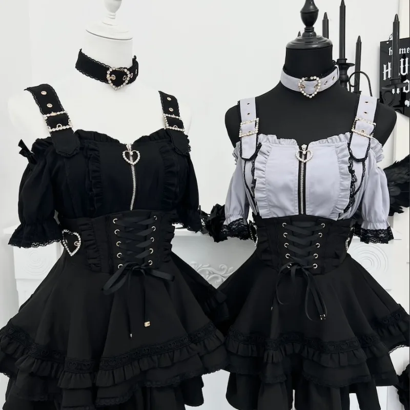 New Japanese Subculture Original Rojita Style SC Y2k Top Zipper Short-sleeves Shirt New Small Mini Cake Skirts Women's Clothing