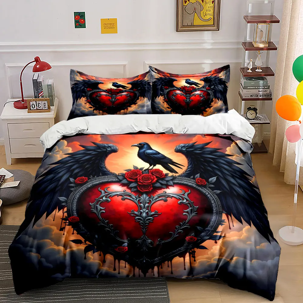 Gothic dark theme with red hearts and crows Print Bedding Set 1 Duvet Cover 2 Pillowcases for Adult and Children Luxury Gift