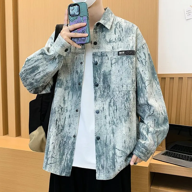 

Новинка 2026, весенняя мужская свободная рубашка с лацканами, мужская универсальная дышащая удобная повседневная куртка с длинным рукавом