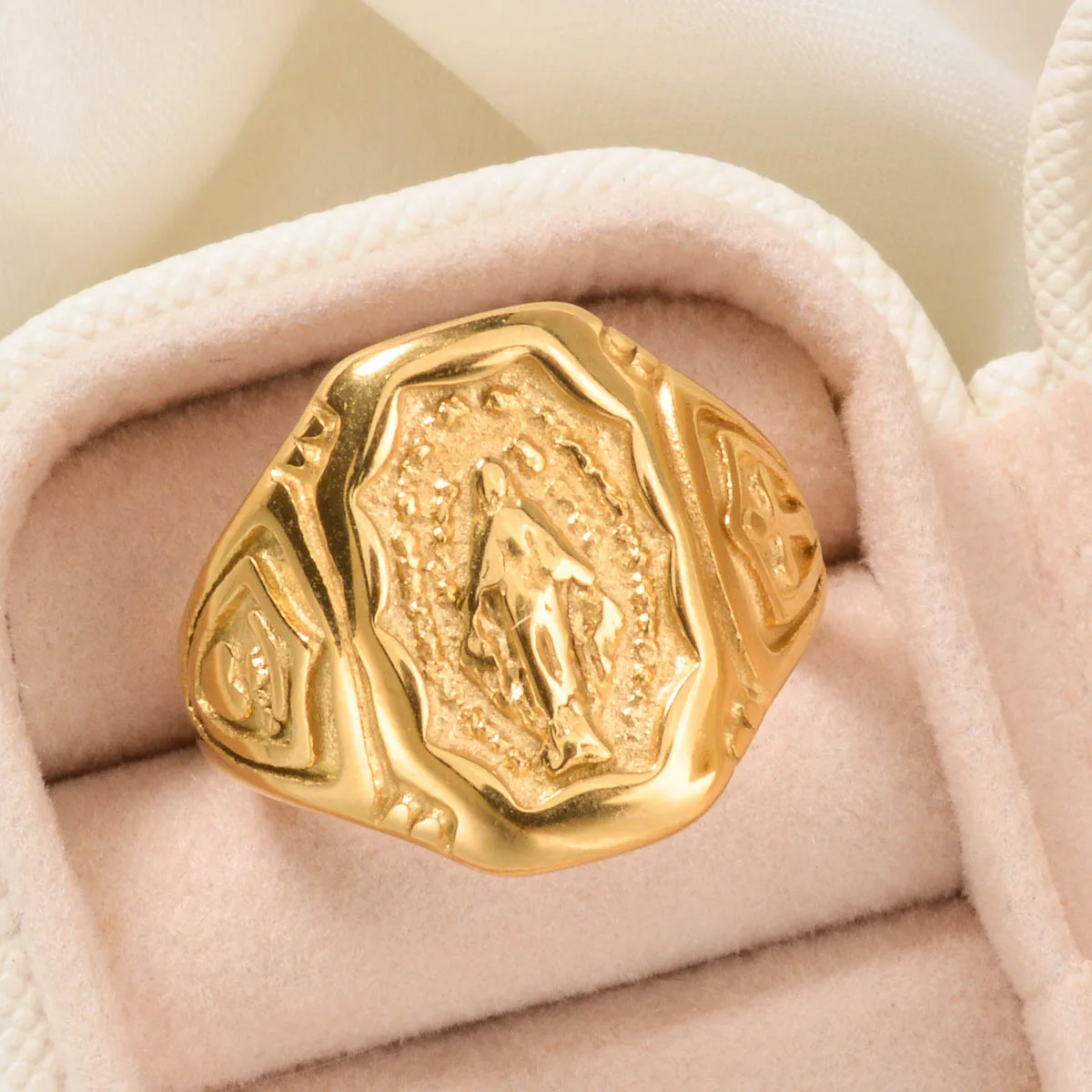 Anillo religioso de acero inoxidable chapado en oro, símbolo espiritual, amuleto sagrado, protección sagrada, banda de oración, regalo de joyería para hombres y mujeres