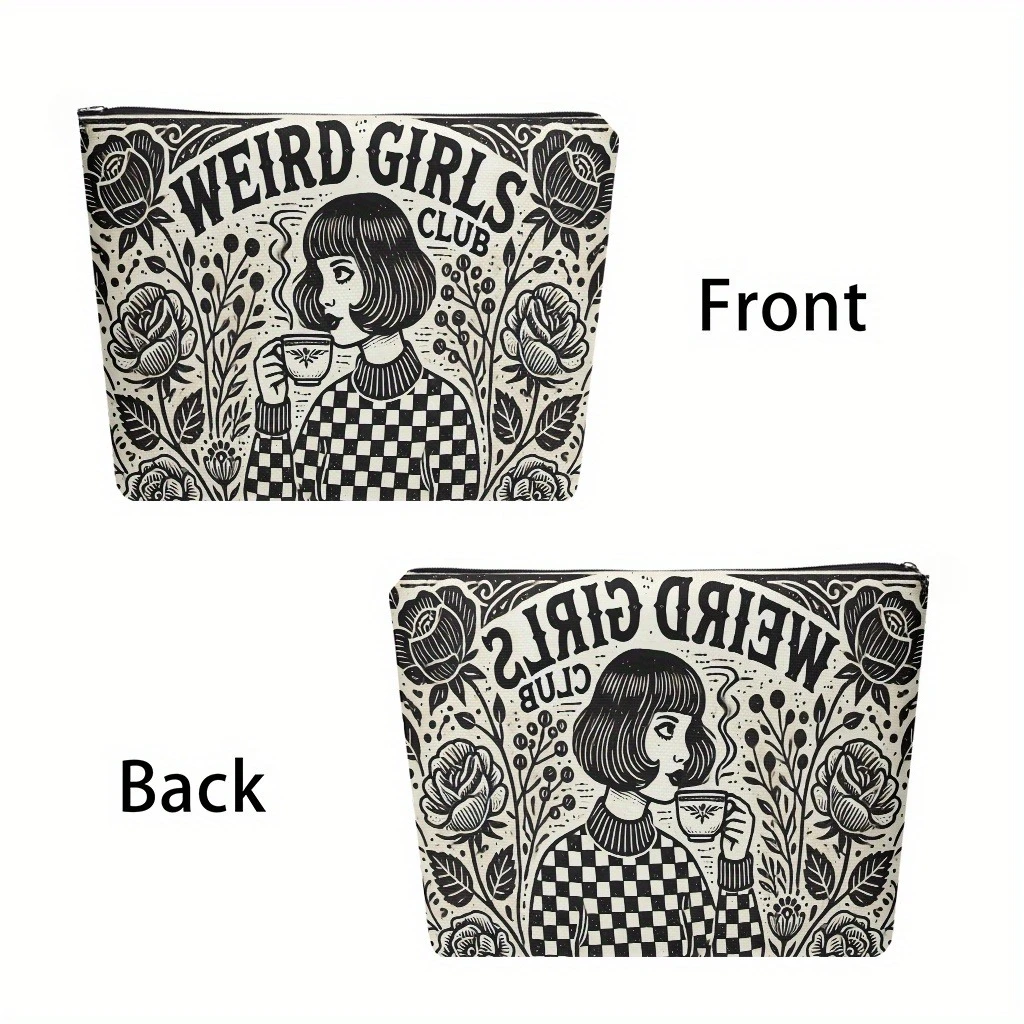 Schickes Geschenk, seltsame Mädchen-Club-Make-up-Tasche, Vintage-Kosmetiktasche mit Blumen- und Karomuster, Reißverschluss-Kosmetiktasche für Reise-Toilettenartikel-Aufbewahrungstasche – Detail 3