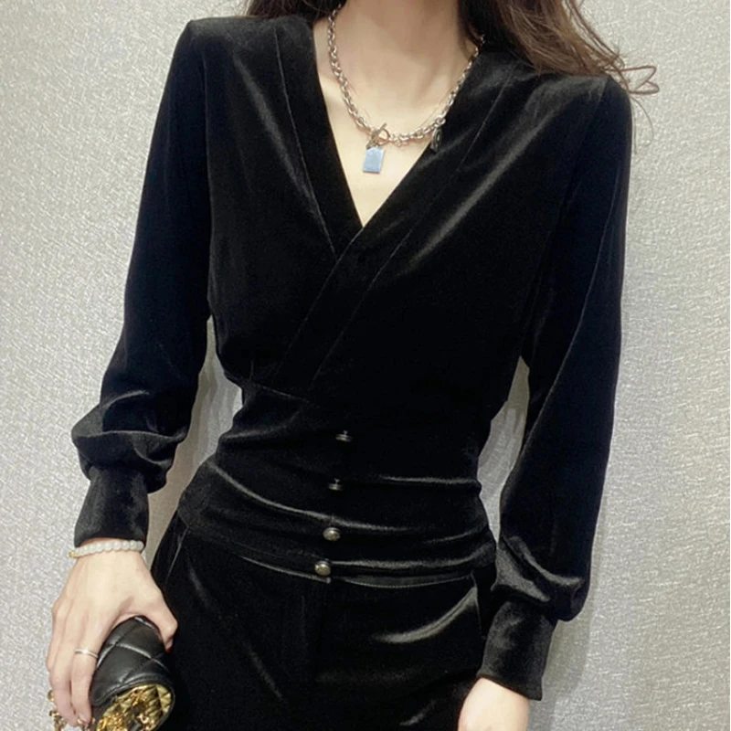 Women Clothing Vintage V Neck Simplicity Pullovers Top Spring Autumn New Long Sleeve Solid Elegant T Shirts Fashion Office Trend