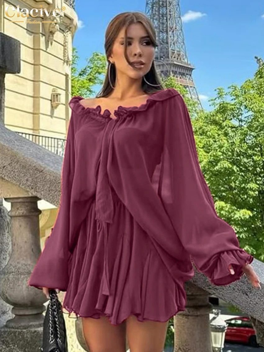 

Clacive Fashion Loose Pink Women's Two Pieces Set 2025 Elegant Long Sleeve Shirt With High Waist Pleated Mini Skirt Set Female