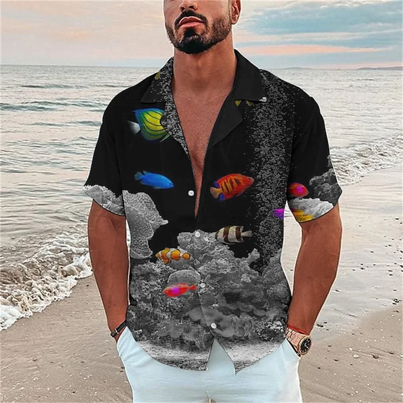 Men\'s Ocean Elements Breathable Shirts Men\'s Hawaiian Fish Print Shirts Beach Casual Shirt Fashion Men\'s Short Sleeve Shirts