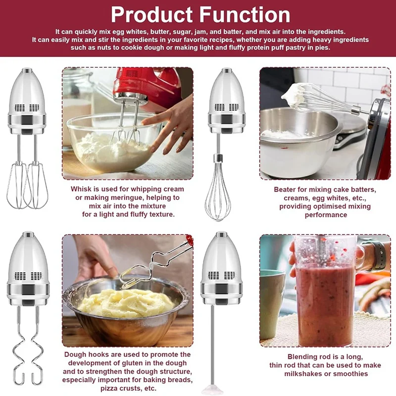 Handmixeropzetstukken Klopper, garde, mengstaaf en deeghaken, roestvrijstalen handmixeraccessoires voor Kitchenaid