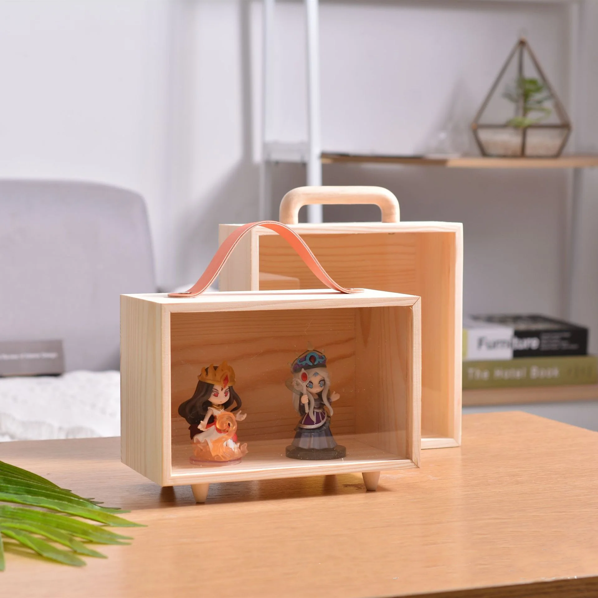 Drewniane przezroczyste pudełko z drewnianym uchwytem, akrylowe pudełko upominkowe DIY, czerwona skórzana walizka, przechowywanie zabawek i gablota
