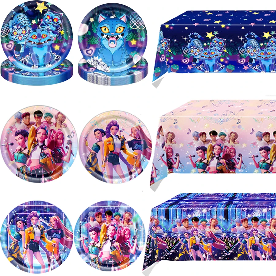 Dessin animé K POP chasseur de démons décorations de fête d'anniversaire vaisselle bannière nappe assiettes en papier serviettes fournitures de noël