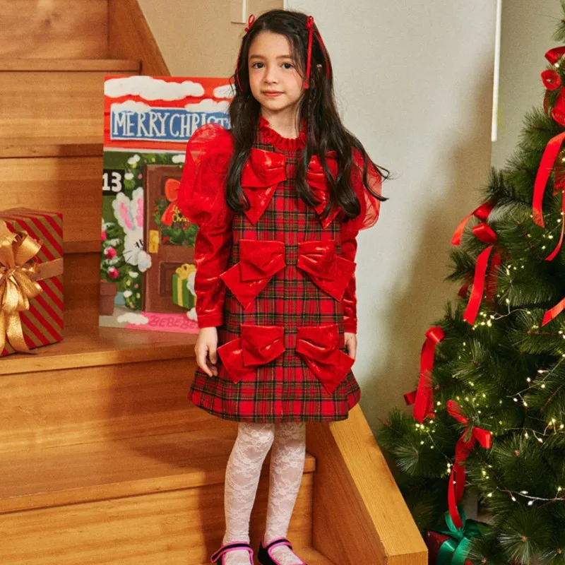 Baby Girl Princess Bow Plaid Dress Puff Sleeve Spring Autumn Winter Infant Toddler Child Vestido Party Xmas Baby Clothes 1-12Y