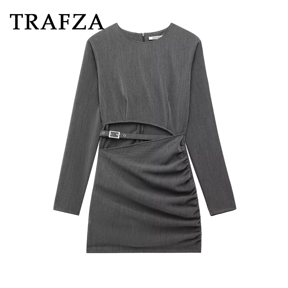 Trafza chique sólido feminino cinza rendas mini vestido moda 2025 sexy verão cortar o-pescoço vestido com zíper feminino high street vestido