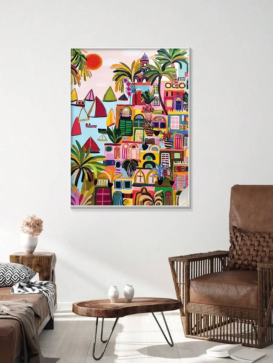 Modern Color Mediterranean Landscape Canvas Prints Watercolor with Fine Line Pen Wall Art Poster for Living Room Home Decor Gift