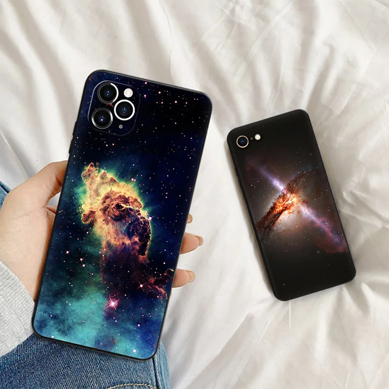 Silicone Black Phone Cases for iphone 16 Pro Max 7 8 14 15 Plus SE XR 11 12 13 Mini 15Pro Magical Nebula Super Nova Stars Cover