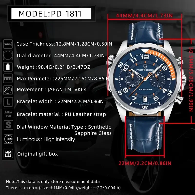 PAGANI DESIGN 44MM Men Quartz Watch Japan TMI VK64 Movt Rotating Scale Dial Sapphire Glass Chronometer Wristwatch Luminous Watch