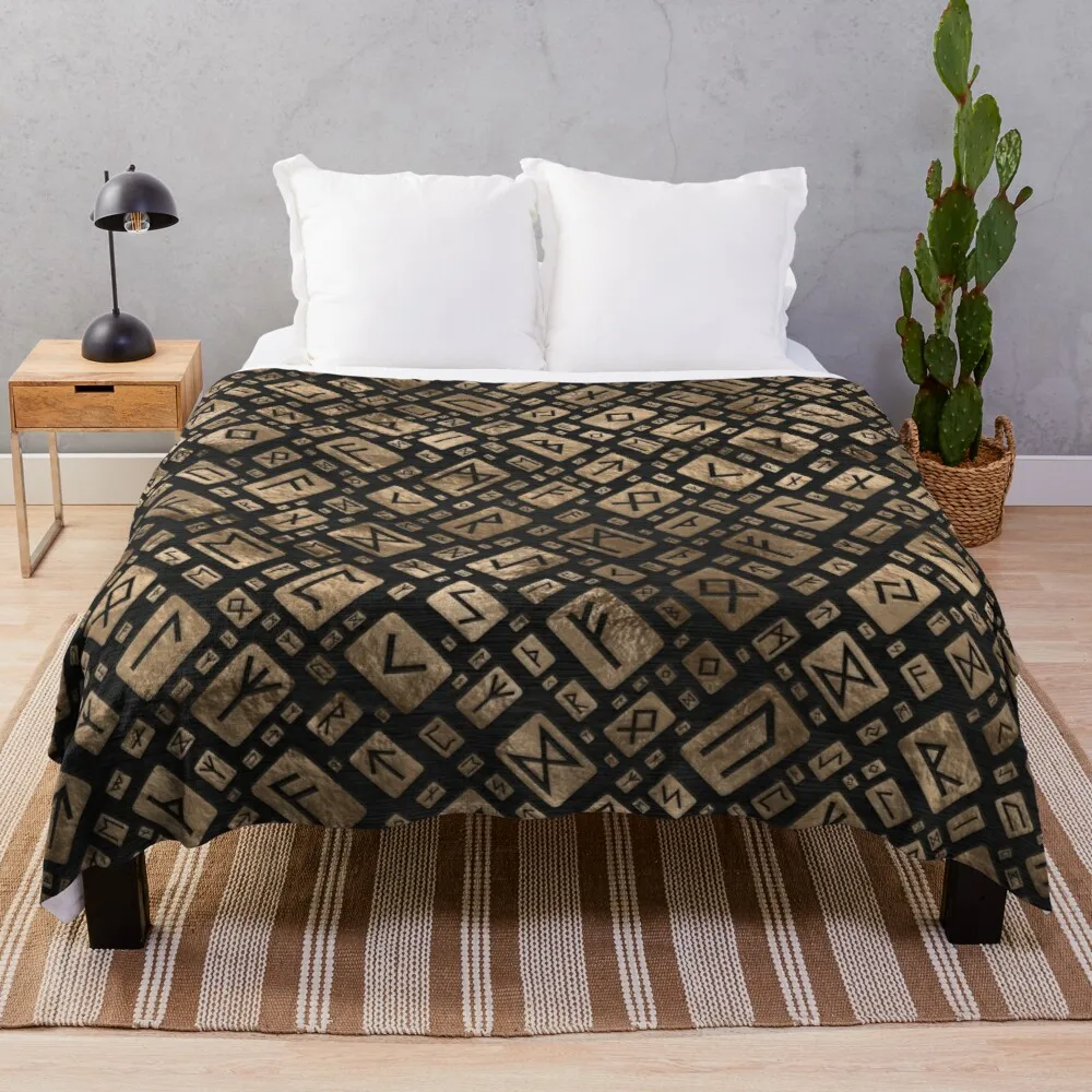 

Elder Runes - Futhark Pattern Gold on Black Wood #1 Throw Blanket Blanket fleece embroidered blanket for sofa softest blanket