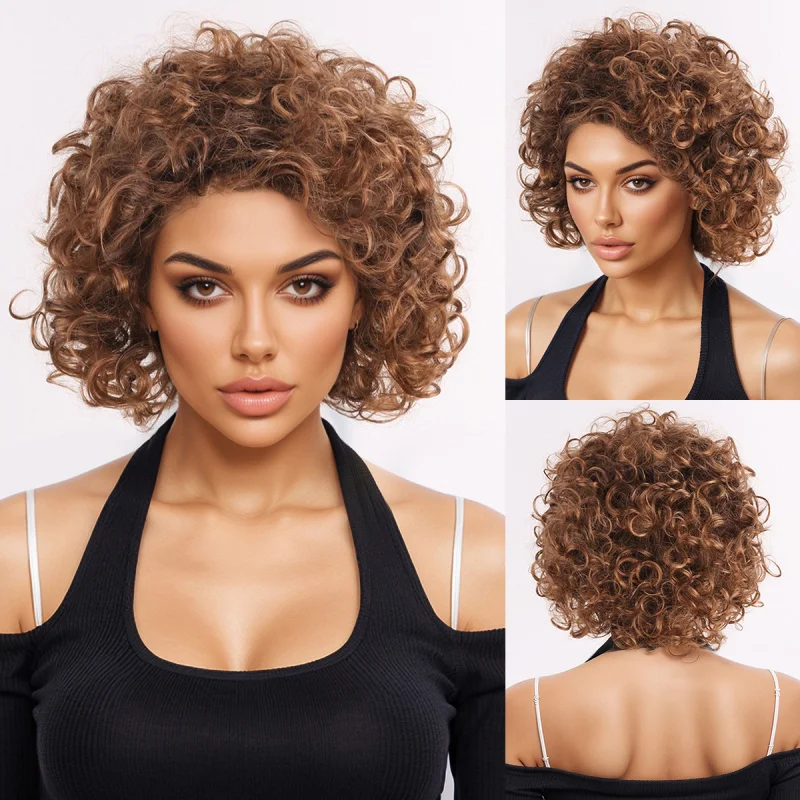 European American high-temperature synthetic fiber hair, African-style small curls, fluffy and fashionable women's short cur