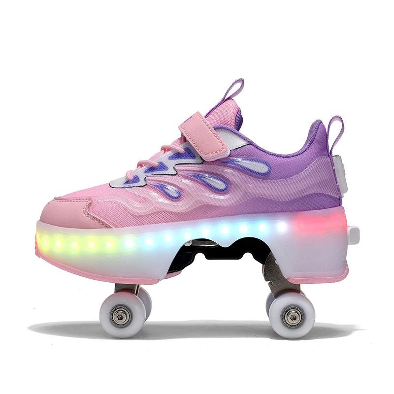Kids Big 4 Wheels Rolling Shoes with Bluetooth RGB Lights and Light Up Wheels, Anti-Fall Breathable Children Sports Shoes for Bo