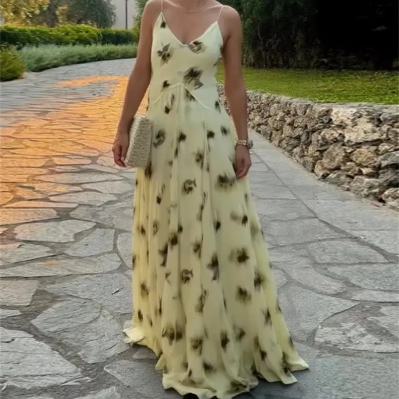 Floral Print Suspenders Long Dress Women 2025 New Summer Elegant V-Neck Floor-Length Maxi Dresses Chic Boho Casual Party Dress