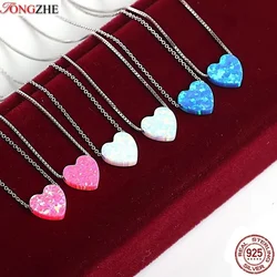 TONGZHE Opal Heart Necklace Multicolor Synthetic Opal 925 Sterling Silver Jewelry Choker Love Necklace Pendants Women&30