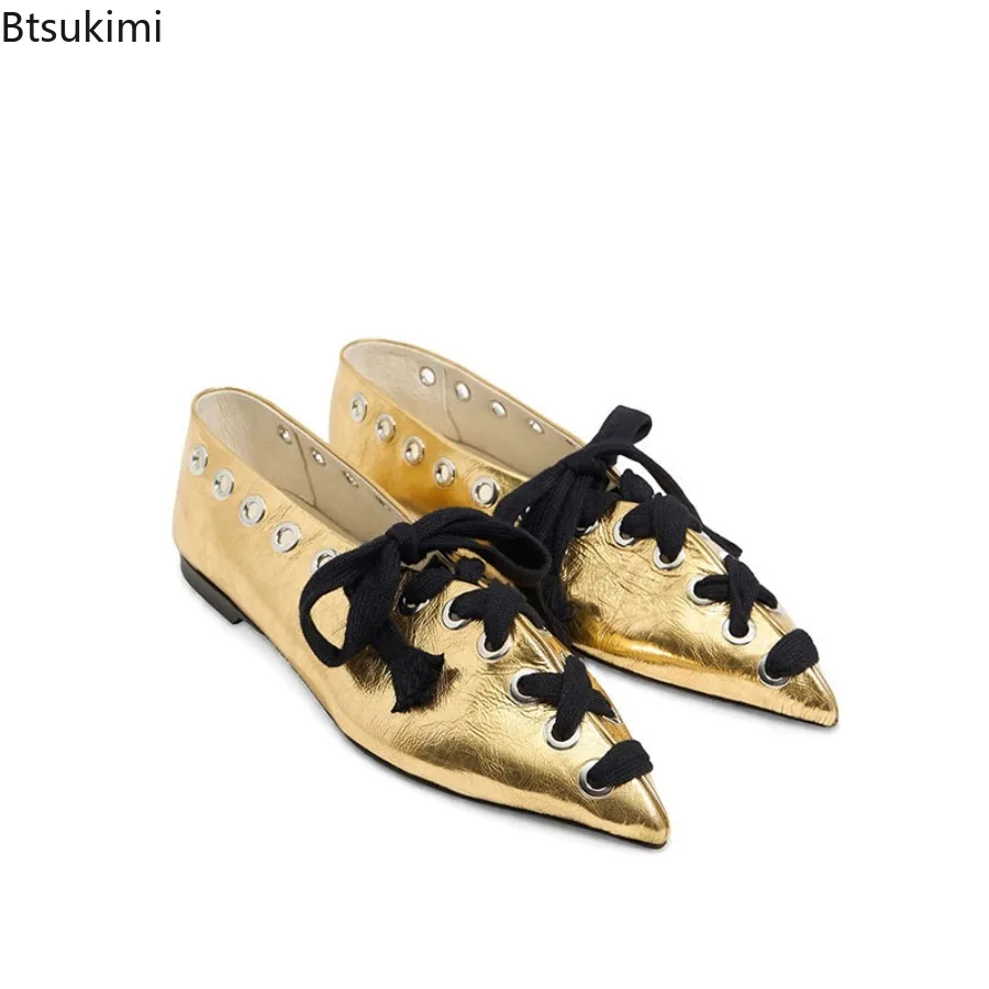 Gold Metallic Ballet Pumps Pointed Toe Lace Up Flats for Women Vintage Punk Style Eyelet Shoes Casual Fashion Shiny Single Shoes