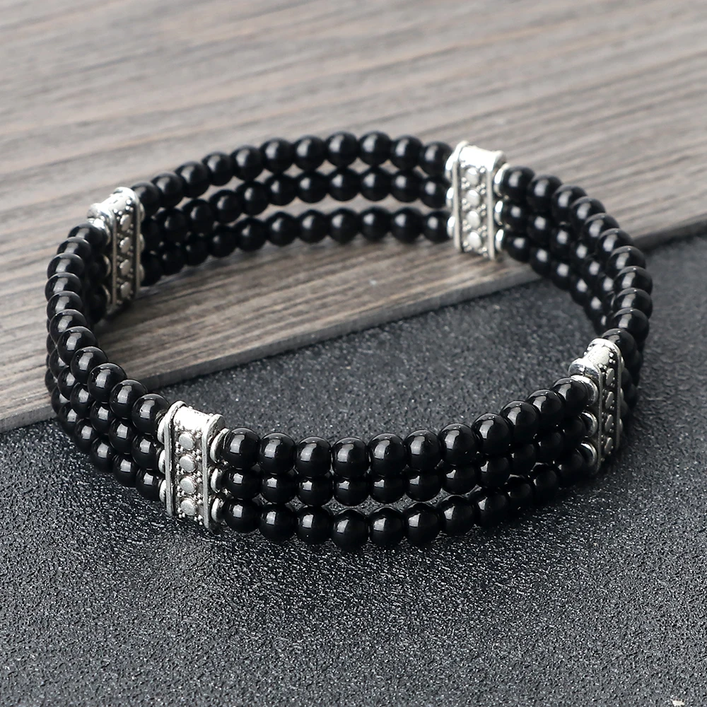 New Arrival Three Rows Natural Stone Bracelet 4MM Black Lava Matte Polish Beaded Couple Bracelet&Bangles Jewelry Pulsera Gift