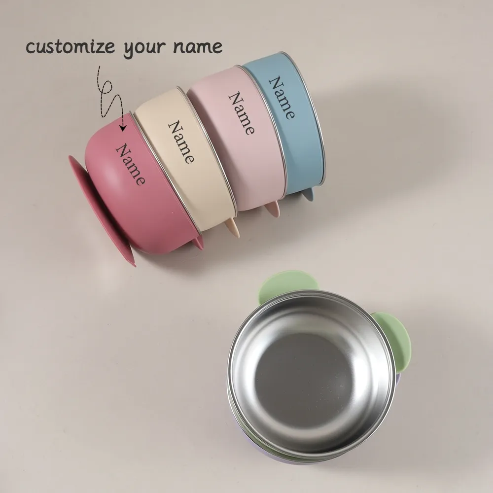 Custom Name Baby Food Bowl 300ML, Cute Bear Silicone Suction Bowl Stainless Steel, Spill-Proof Weaning & Self Feeding T