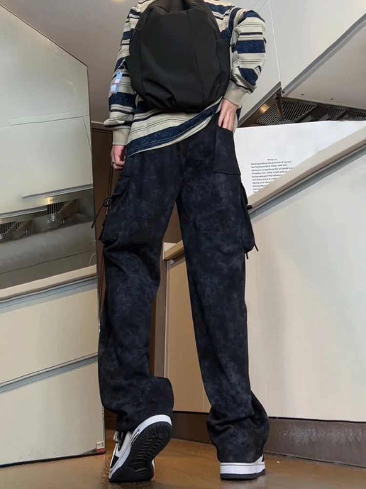 

Bla Workwear Pants Men's Spring Autumn American Retro Hiphop Straight Leg Wide Leg Casual Trousers with Big kets Dyed