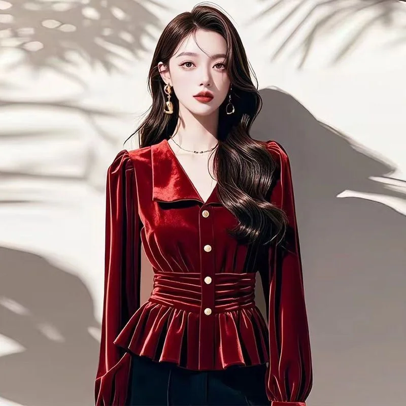 Weinrotes Samthemd Damen Hemdbluse Frühling Herbst Winter High-End Retro Bottoming Shirt Modisches Taillensaum Top