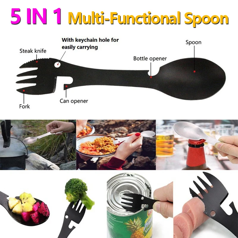 Stainless Steel 5 in 1 Multi-Functional Spoon Fork Knife Bottle/Can Opener Camping Hiking Cycling EDC Kit  Outdoor Survival Tool