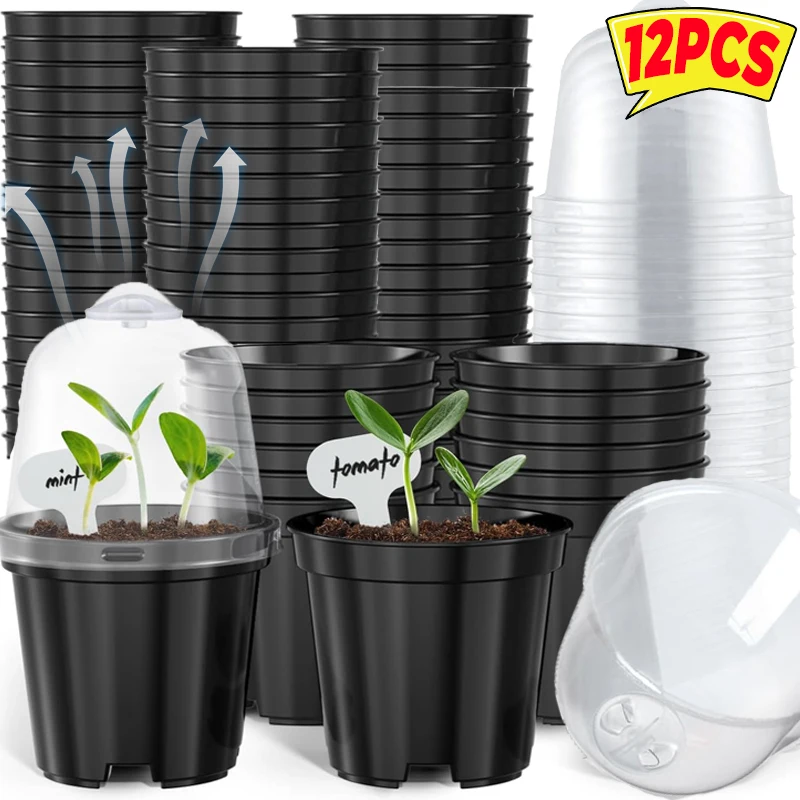 

3/12PCS Black Seedling Nursery Pots with Breathable Cover Seed Starting Grow Cup Flower Plant Containers Garden Vegetable Boxes