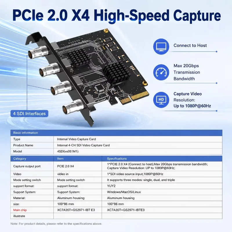 PCIe X4 4CH SDI Capture Card 1080P60 YUY2 Single/Dual/Triple Mode Internal PCI Video Capture Card