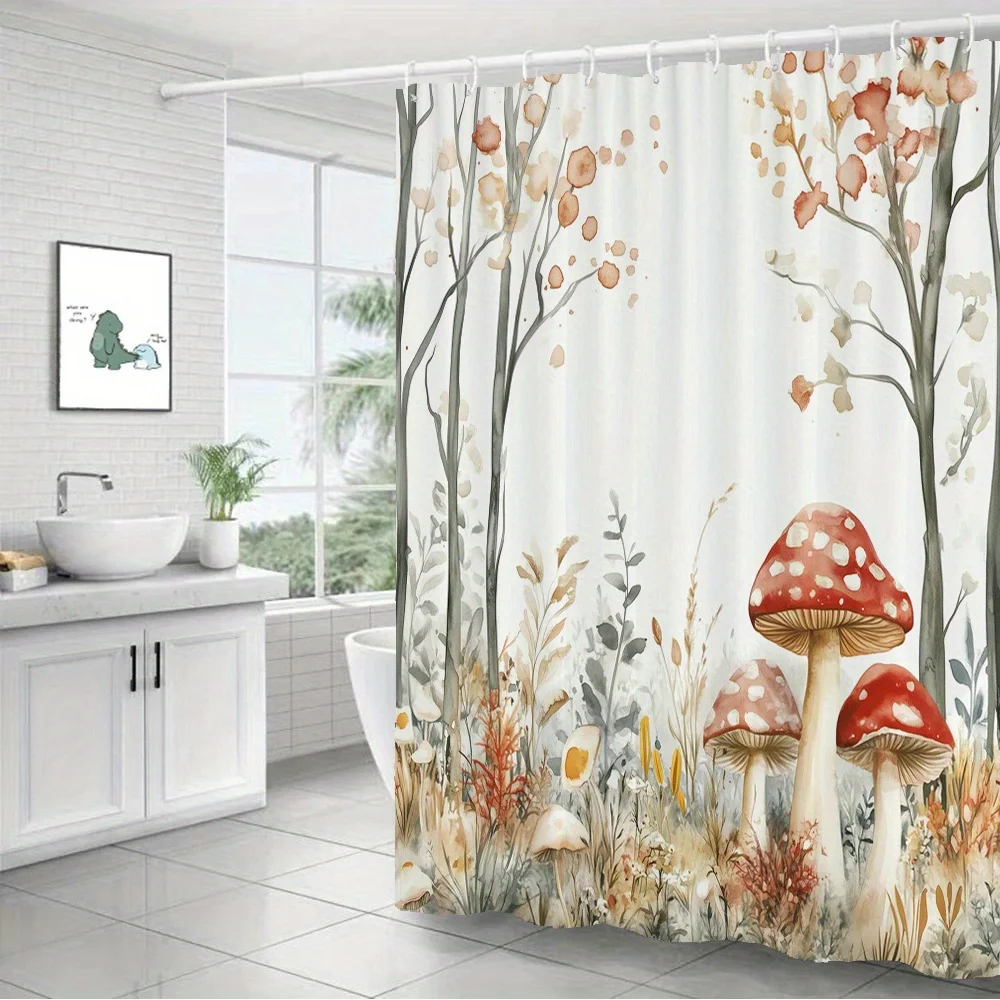 Mushroom Shower Curtain – Watercolor Autumn Forest, Red Amanita & Leaves, 12 Hooks, 70.8×70.8 in, Polyester, Machine Washable