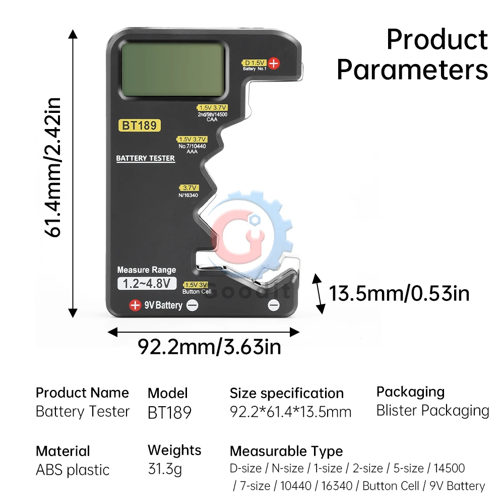 Verificador universal da bateria do agregado familiar com exposição do LCD, ferramentas dos detectores do banco do poder, novo, BT189, 9V, N, D, AA, AAA, 1.5V, 3V