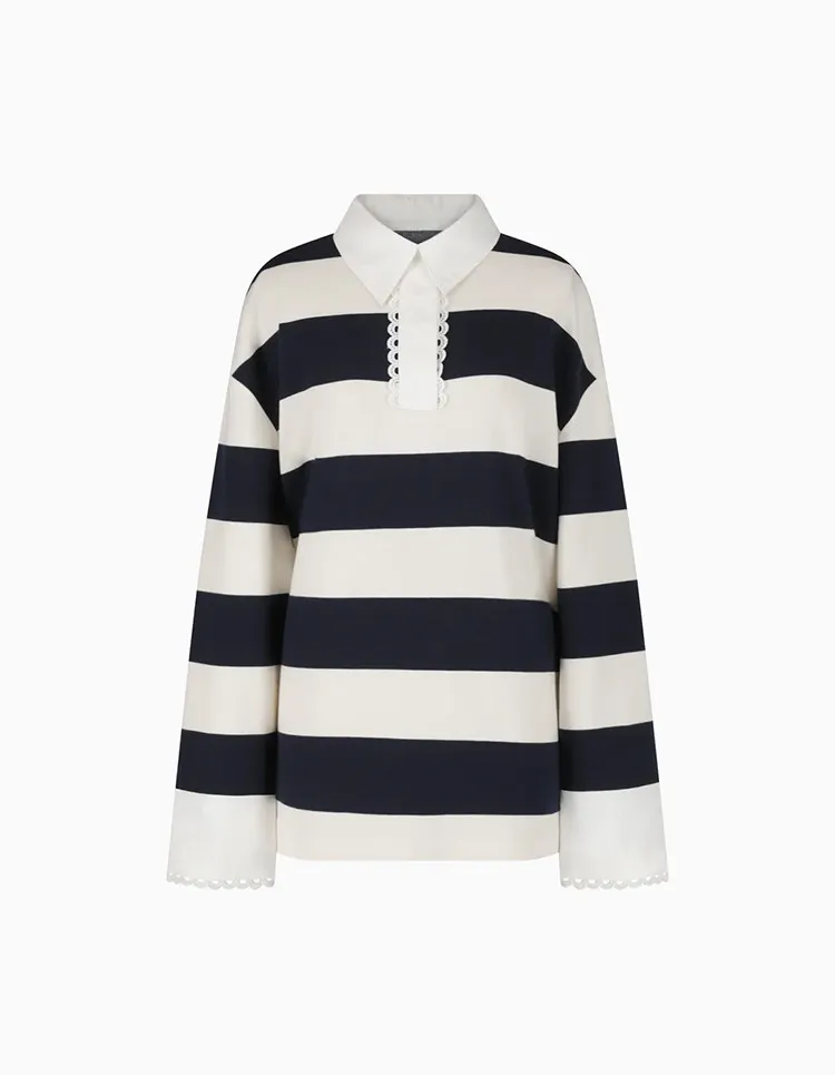 New Women's Striped Pattern Long Sleeve T-Shirt Japanese Style Sweet Loose Polo Collar Shirt Women's Daily Loose Casual Tops