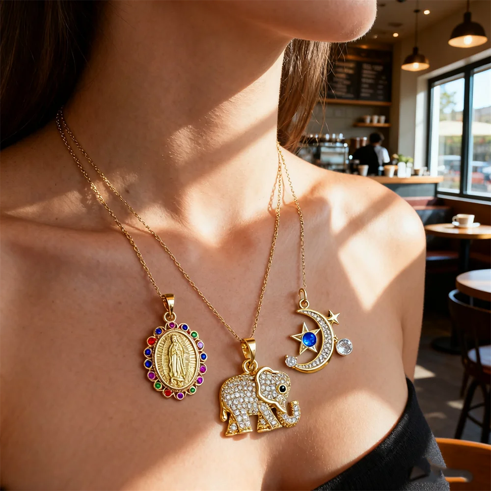 

4Pcs Jewelry Charms Cubic Zirconia Moon Star Planet Elephant Virgin Mary Pendants for Women DIY Necklace Bracelet Fashion Charms