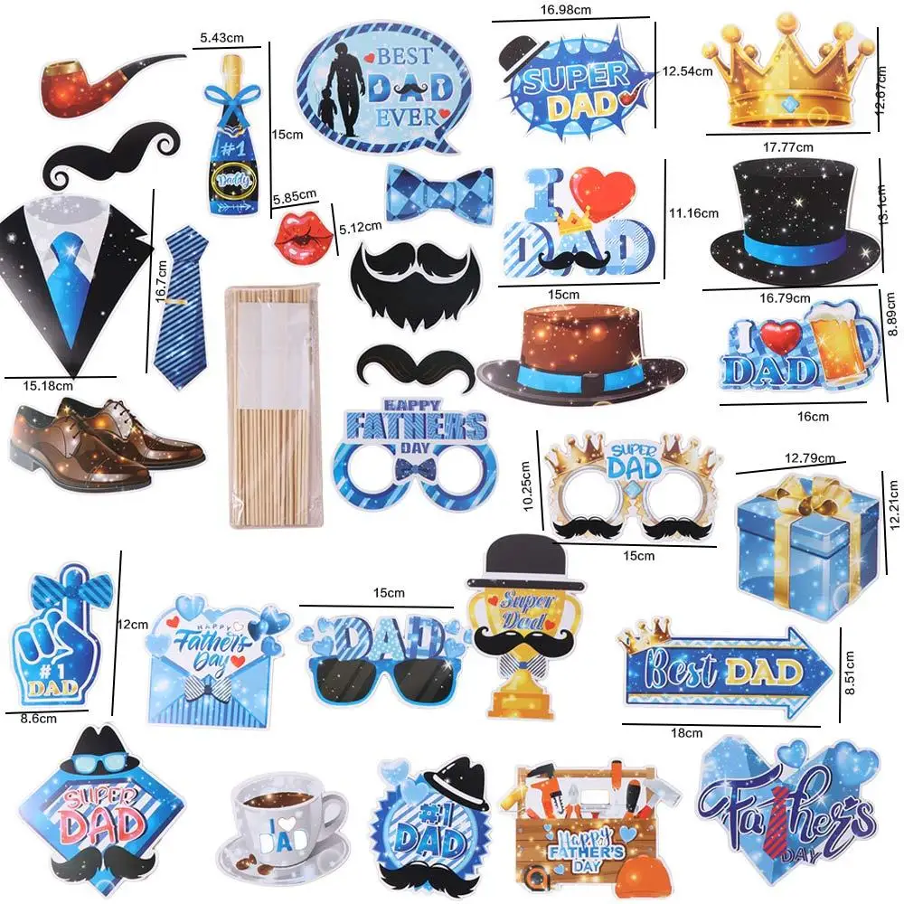 

30pcs Blue Father's Day Photo Props Cap Mustache Glasses Festival DAD Photography Decor Blessing Dress Up Costume Mask