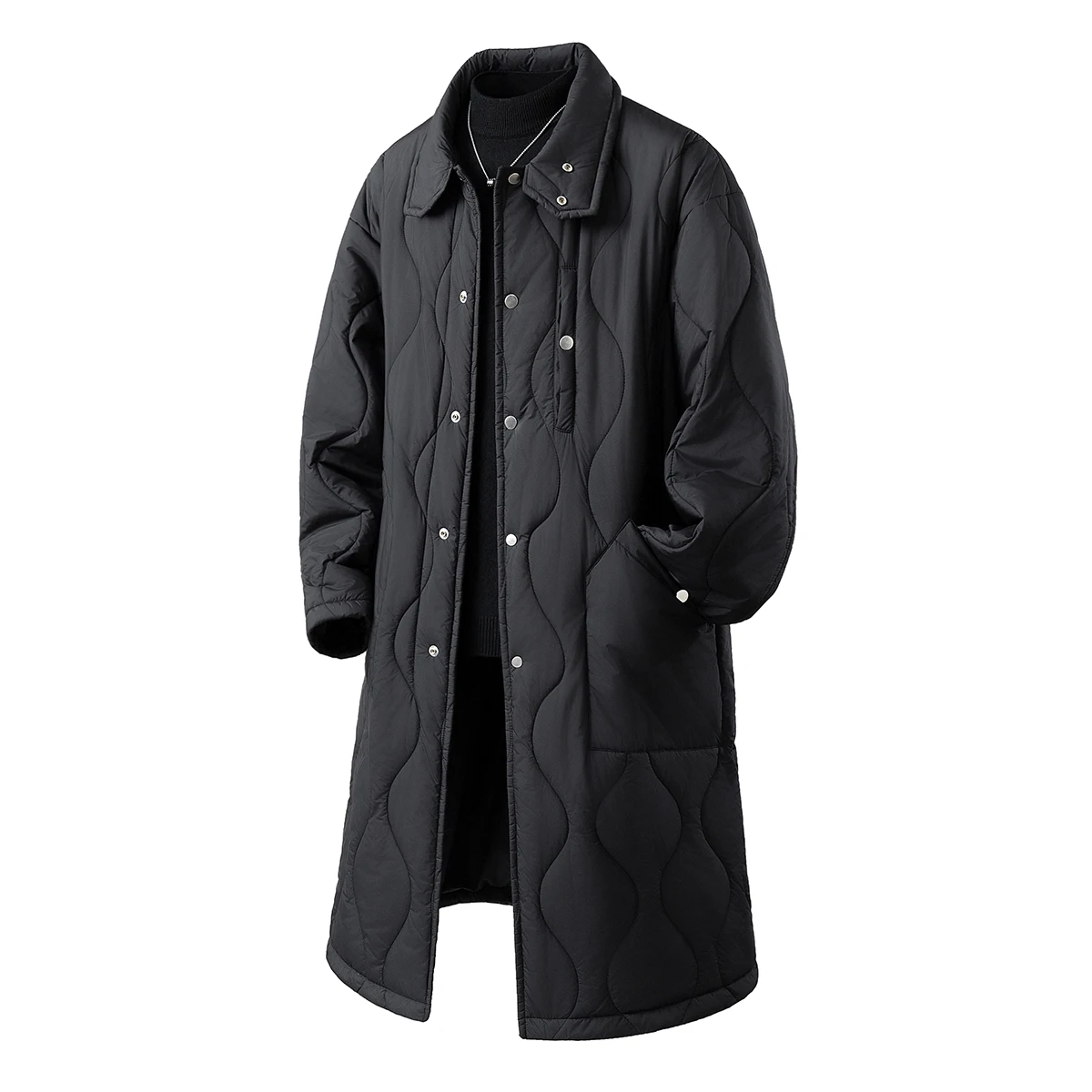 Winter Men's Mid-Length Parkas Men Black Cotton Padded Jacket Men Lapel Thick Warm Coats Man Overcoat