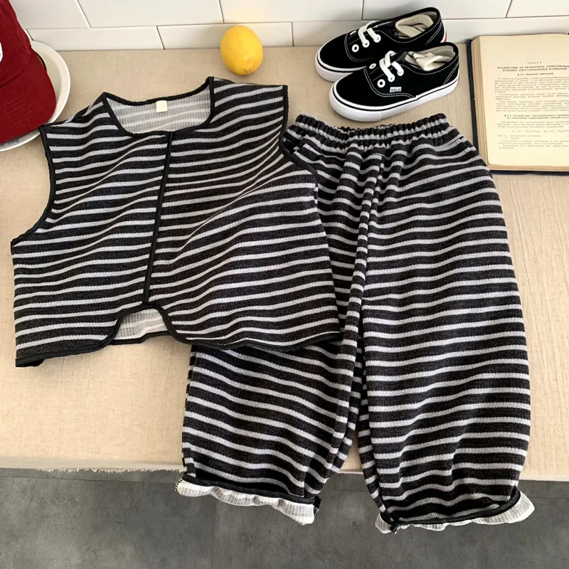 

Boys Girls Set 2025 Spring Autumn Korean Style Kids Clothes Fashion Trendy Striped Vest Long Pant Two-Piece Set