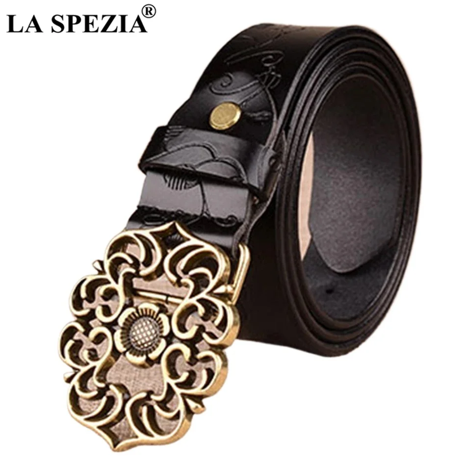 la-spezia-ブラックレザーベルト女性用レトロ彫刻本革ベルトヴィンテージ本物の牛革レディースジーンズベルトゴールデンバックル