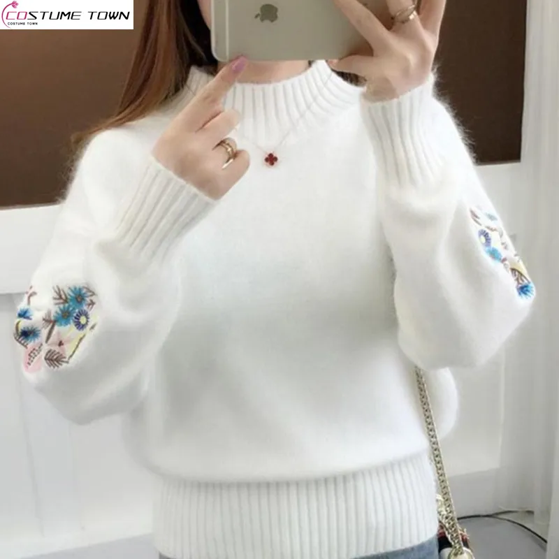 

Autumn and Winter Korean Edition New Half High Collar Sweater Fashion Embroidered Bottom Knitted Sweater Long Sleeve Top