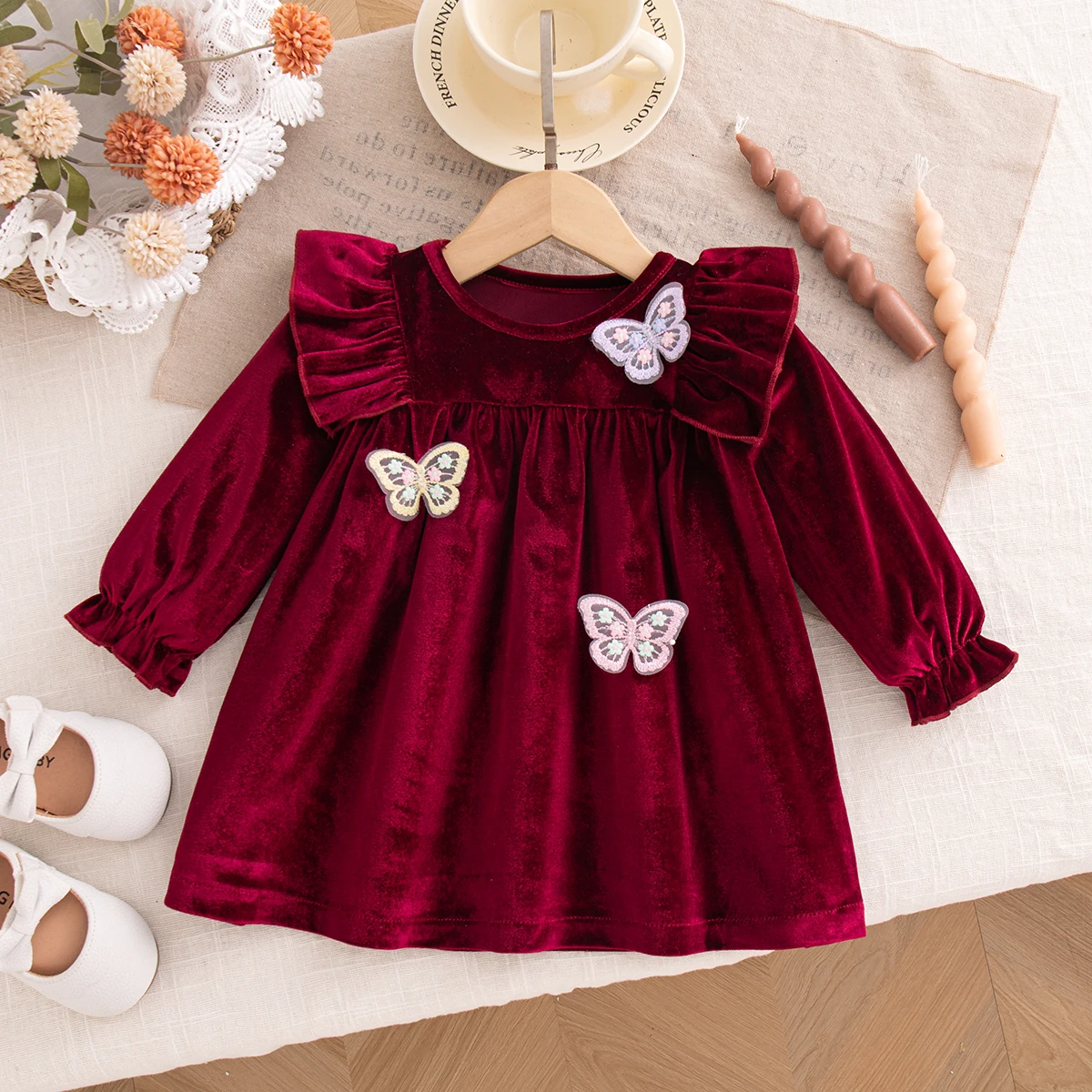 Spring And Autumn New Cute Butterfly Baby Girl Dress Solid Color Long Sleeve Children'S Clothing (6 Months -3 Years Old)