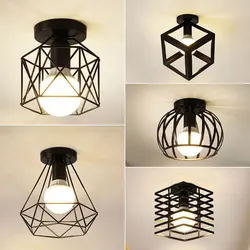 Vintage E27 Ceiling Lights Ceiling Lamps For Corridor Foyer Aisle Black Metal Indoor Cage Chandelier Lighting Fixures for Home