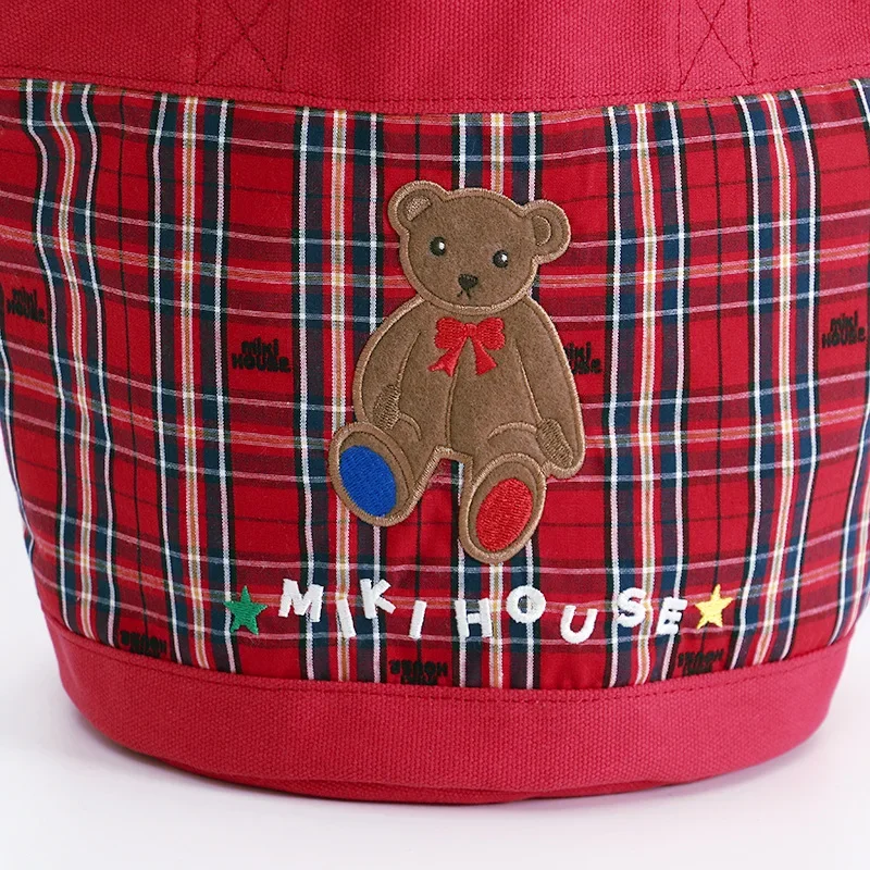 Miki bolso de mano con bordado de letras de oso, bolso de mamá a cuadros, bolso de cubo de dibujos animados para llevar a mano