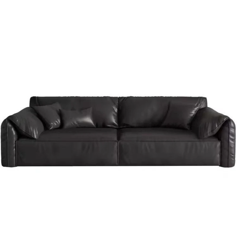 Sofa foldable armrest with soft three-person black leather straight-row sofa