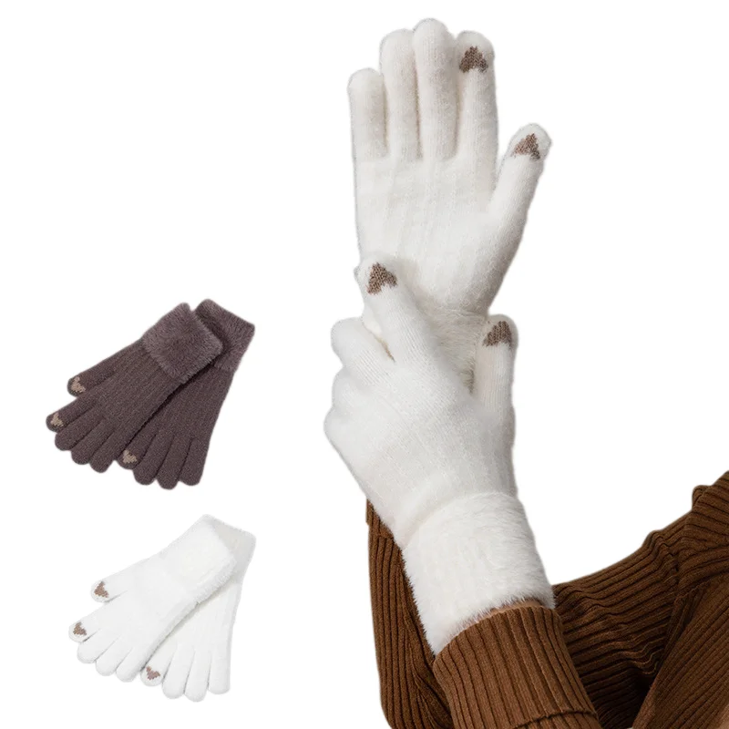 Thick, warm Korean-style student knit cycling gloves for winter – touchscreen compatible and suitable for all five fingers.