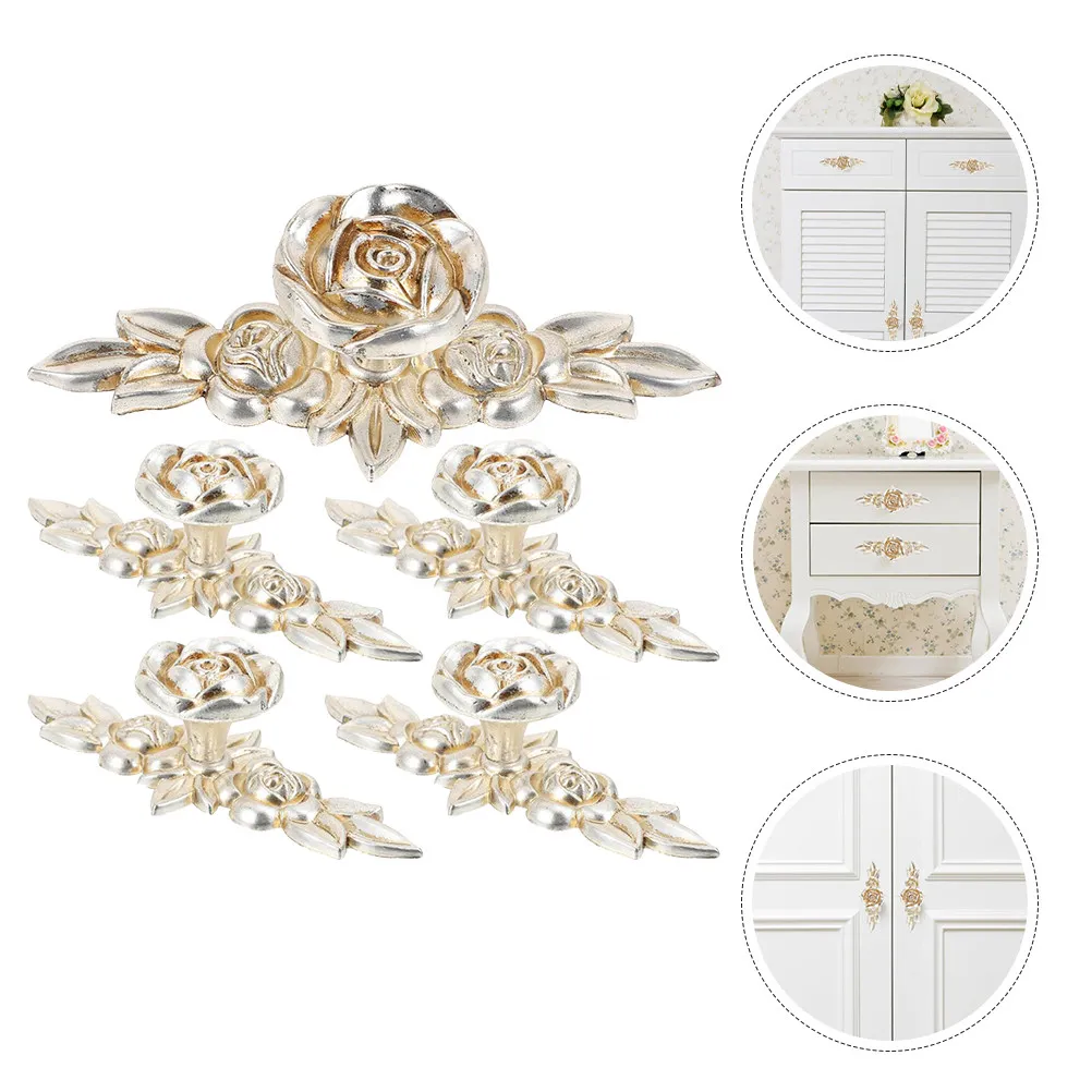 5Pcs Rose Flower Cabinet Knobs Vintage Cupboard Drawer Handles Zinc Alloy Kitchen Furniture Pulls Decorative Hardware