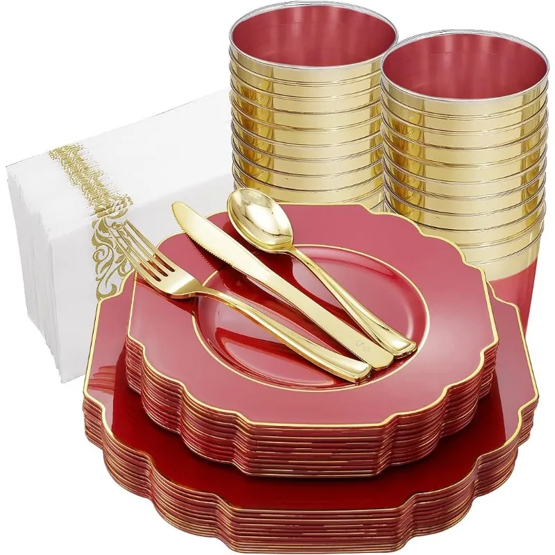 

140pcs Red Plastic Plates，Gold Plastic Plates Served for 20 Guests include 20 Dinner Plates,20 Dessert Plates