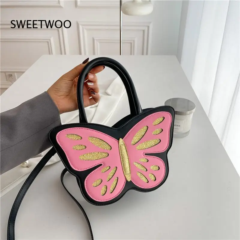 Butterfly Shape Mini Handbag Women Faux Leather Glitter Wing Detail Top Handle Detachable Strap Crossbody Shoulder Bag