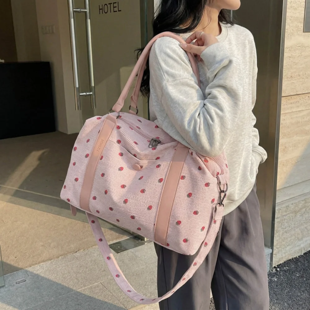 

Strawberry Print Corduroy Duffel Bag for Women Large Capacity Overnight Bag with Wet Dry Compartment for Weekend Fitness Holiday