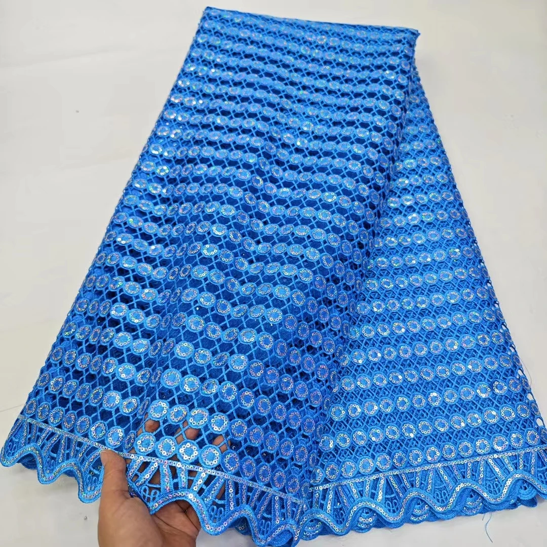 

Sky Blue Water Soluble Lace Fabric 2024 High Quality Sequins French African Guipure Cord Lace Fabric For Party Dress KHD24125