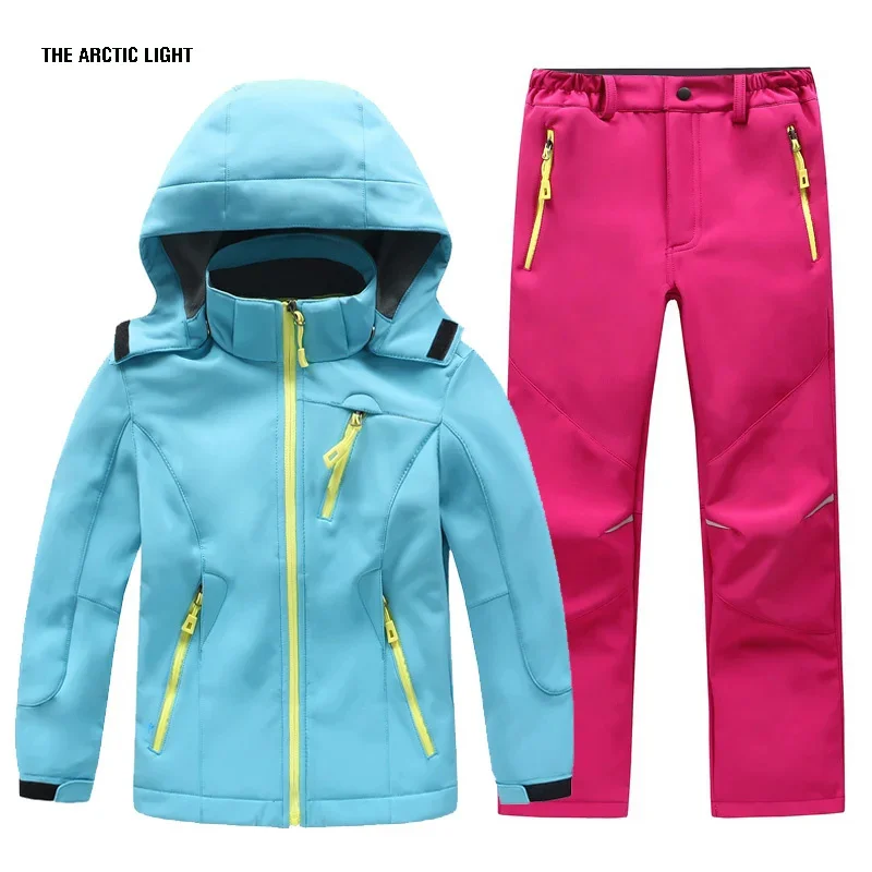 Kids Winter Outdoor Suit Camping Windproof Waterproof Soft Shell Fleece Sport Keep Warm Skiing Hiking Pant Jackets